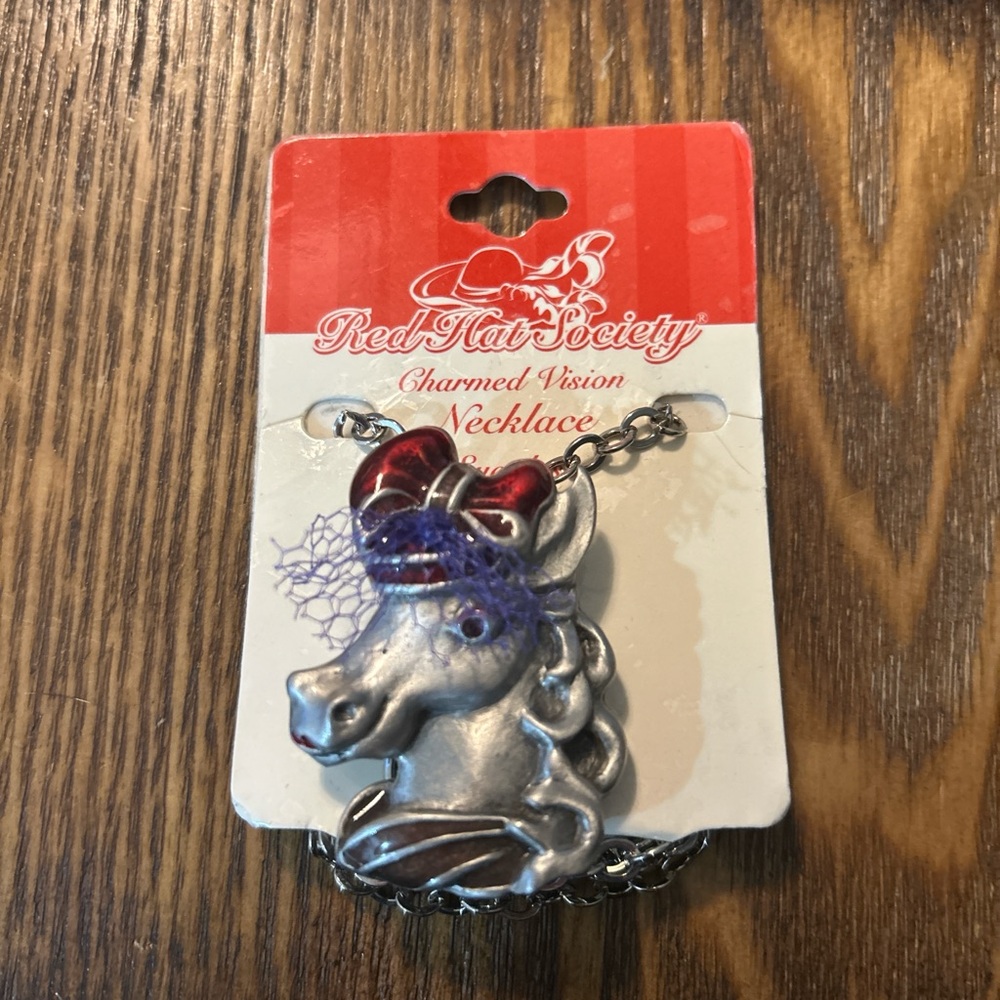 Vintage Red Hat Society Silver and Red Horse Necklace